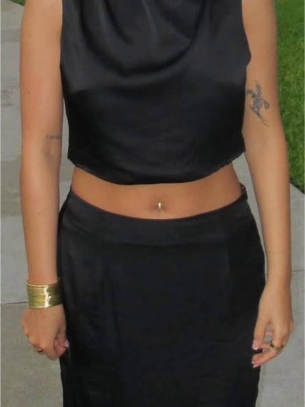 Chic Black Satin Crop Top with Coordinating Skirt